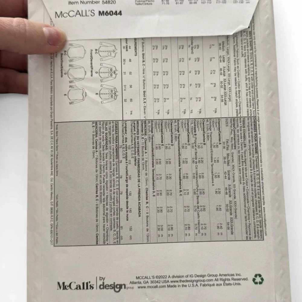 McCall's M6044 Uncut men's shirt sewing pattern XN‎ Size XL-XXL-3XL